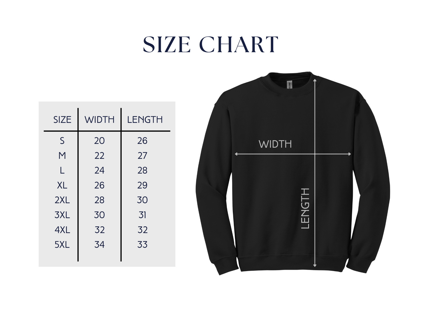 Black sweatshirt with size chart on a white background
