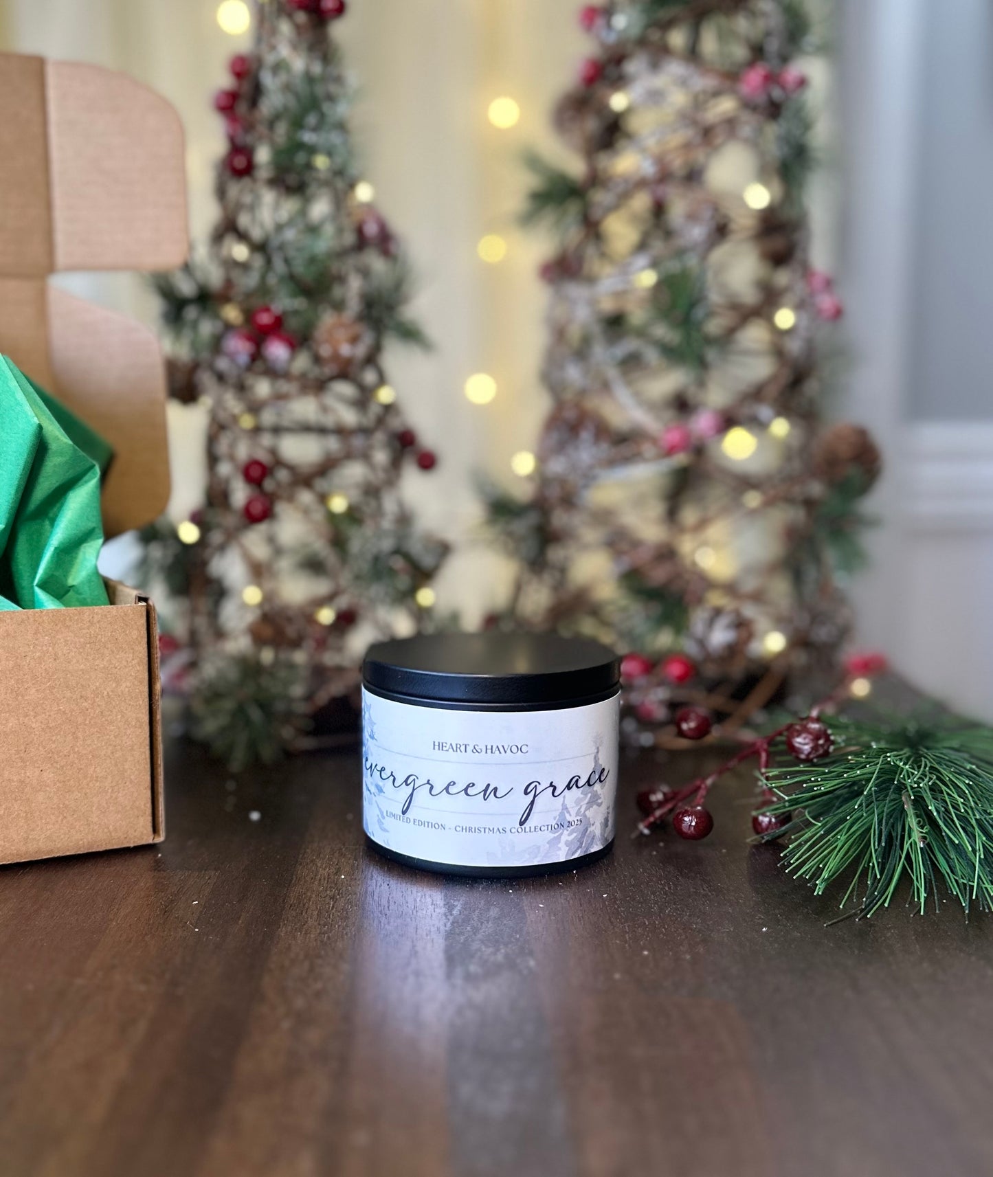 Evergreen Grace Candle | Cedarwood & Balsam Vanilla – Heart & Havoc Holiday Collection