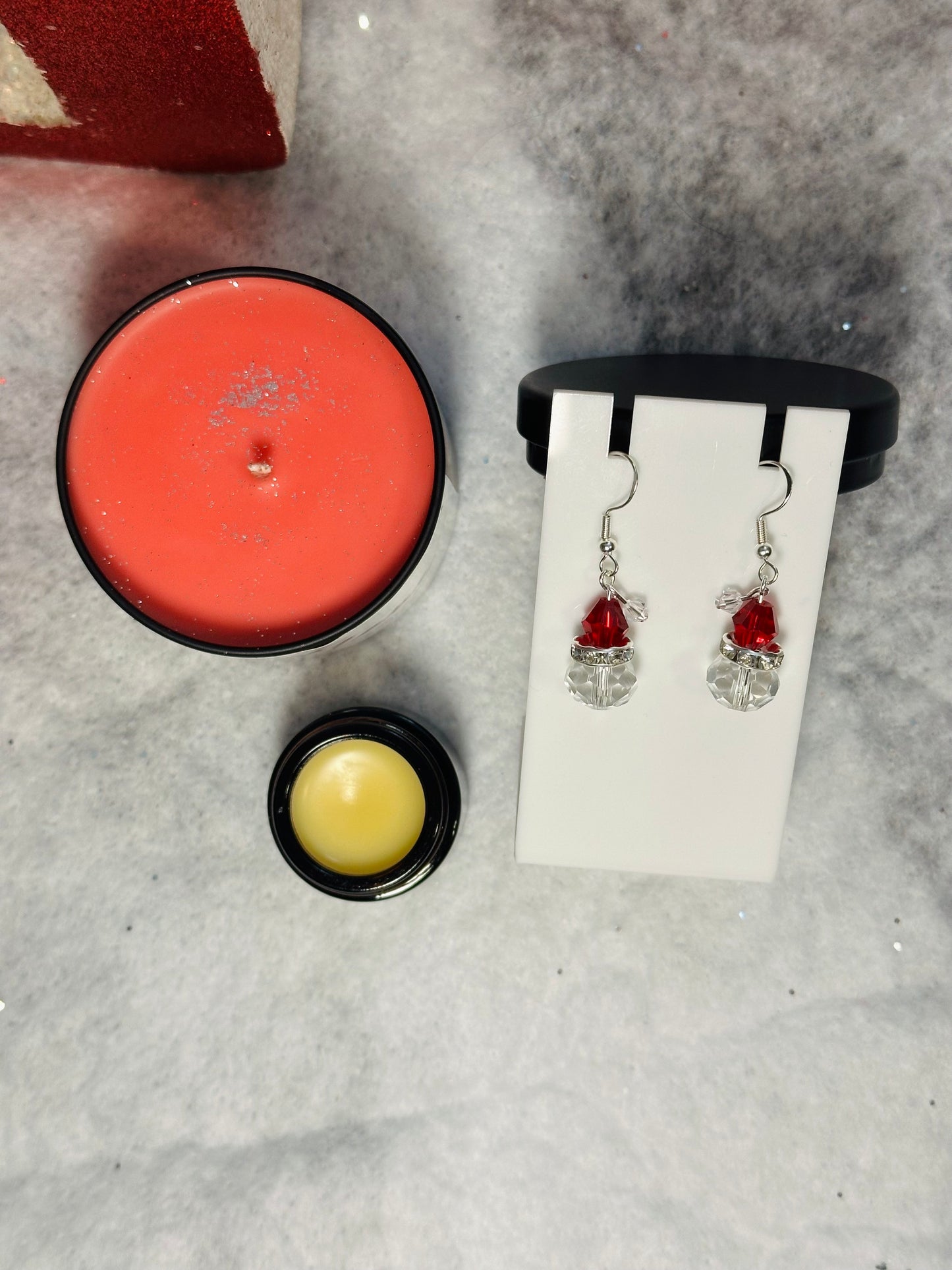 Peppermint Candle, Lip Balm and Santa Earrings Gift Set For Her Christmas
