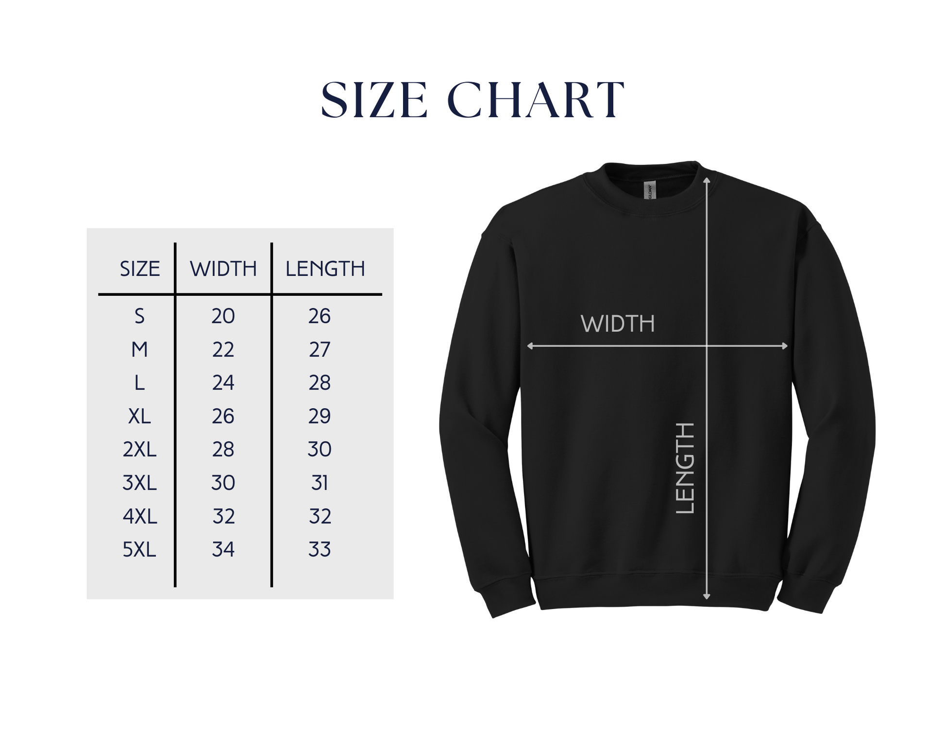 Black sweatshirt with size chart on a white background